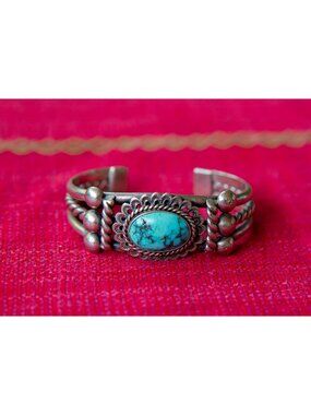 Vintage Navajo Sterling Silver Cuff Bracelet with Turquoise